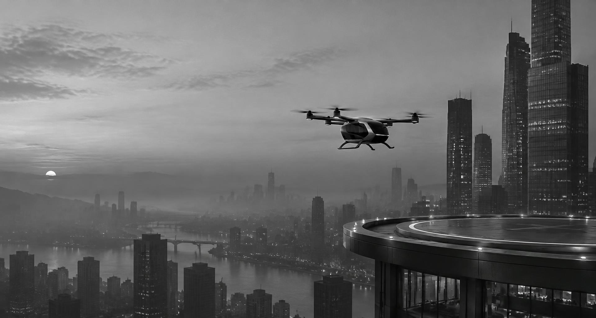 Monochrome city at dusk with an electric air taxi approaching a rooftop vertiport