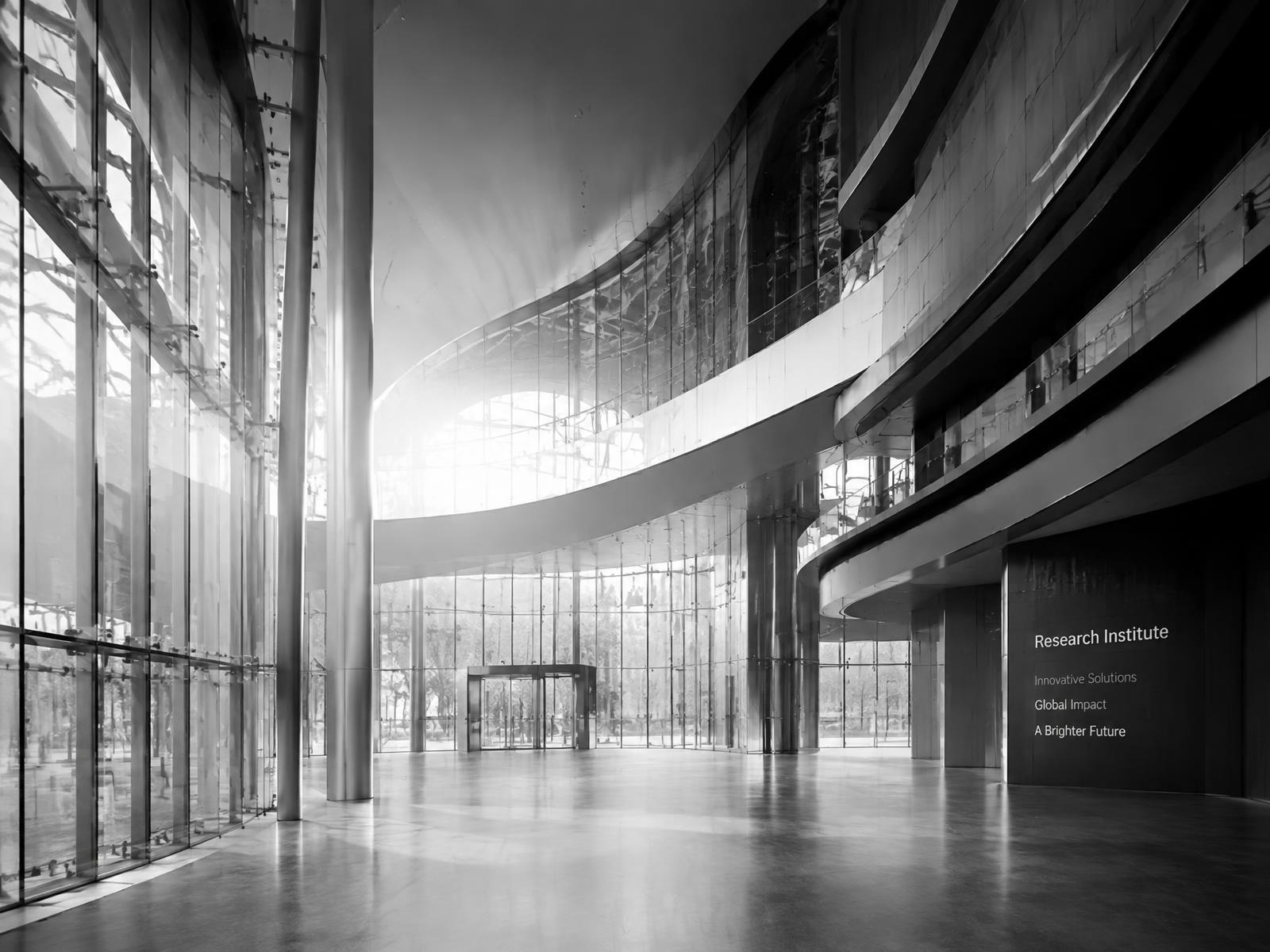 Black and white atrium of a contemporary glass and steel building