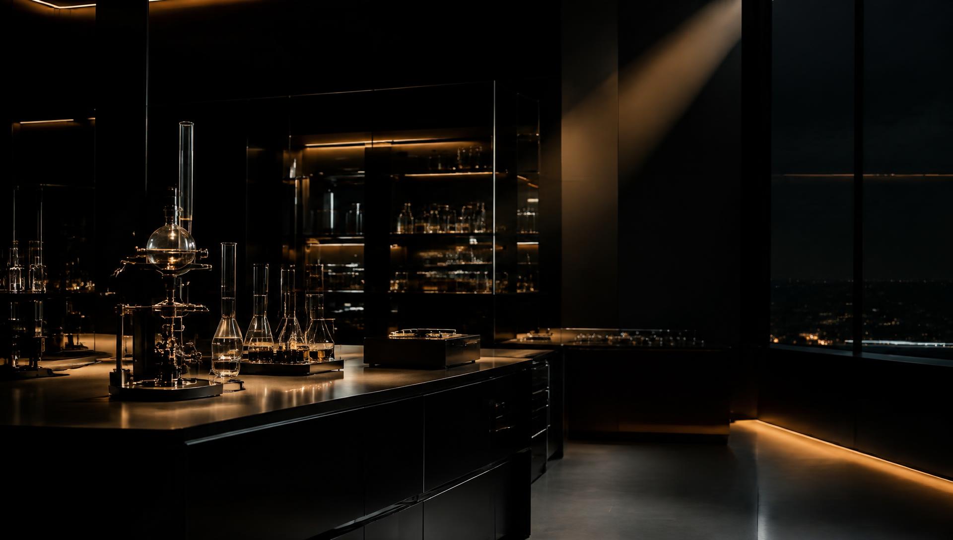 A darkened research laboratory with precision glass instruments caught in a beam of warm light