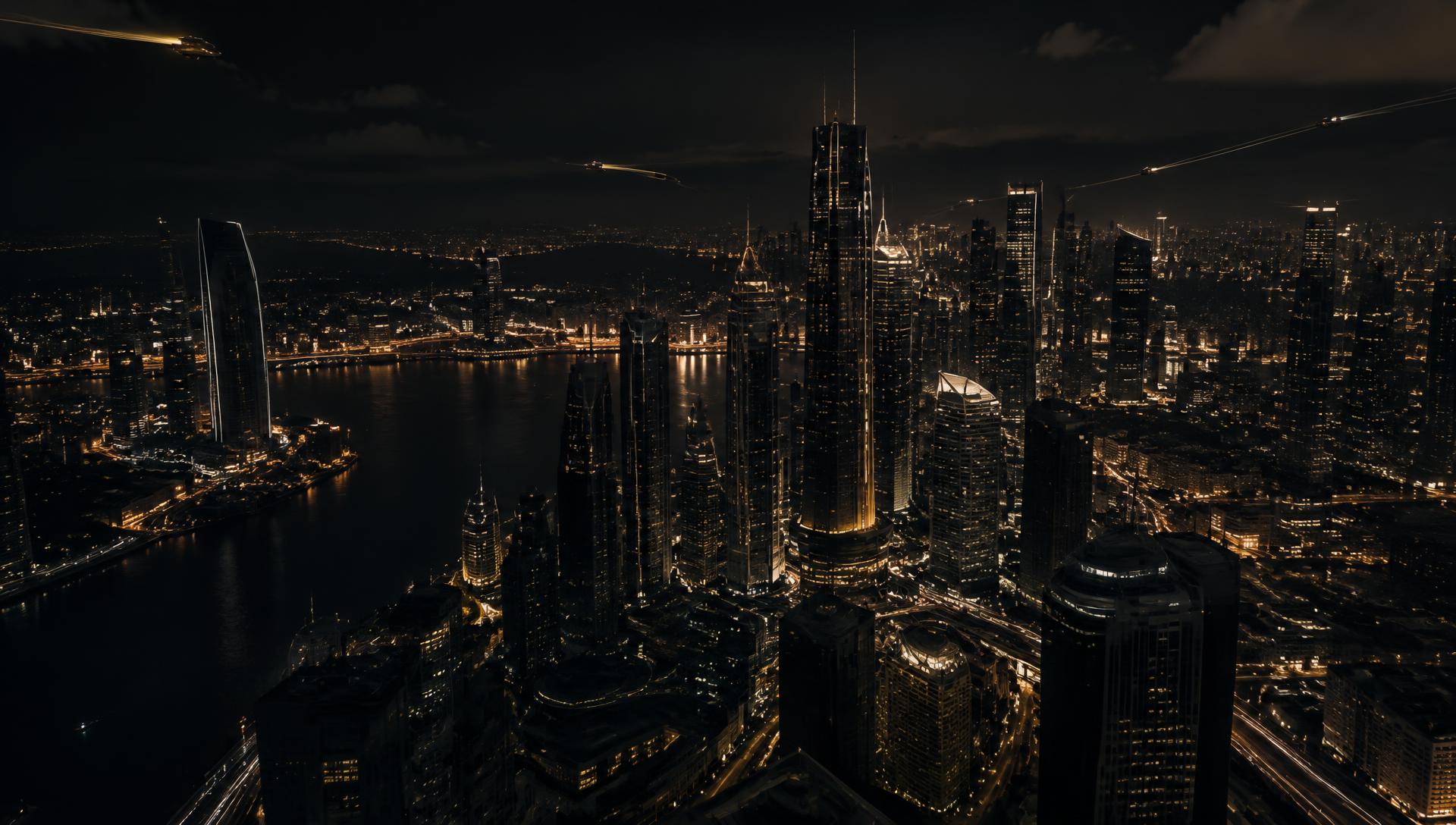 A city skyline at night traced by soft lines of light